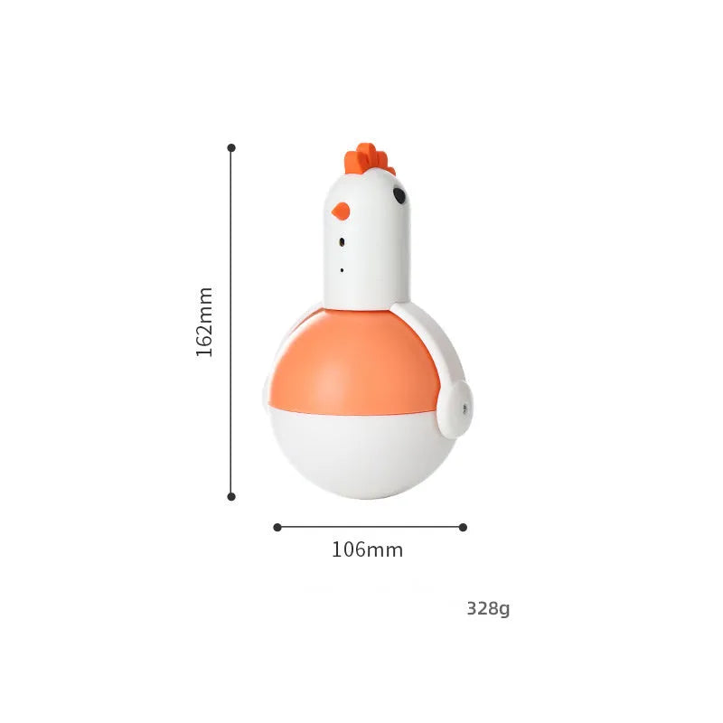 Green or orange electric cat toy chicken with laser and sound features on a flat surface.