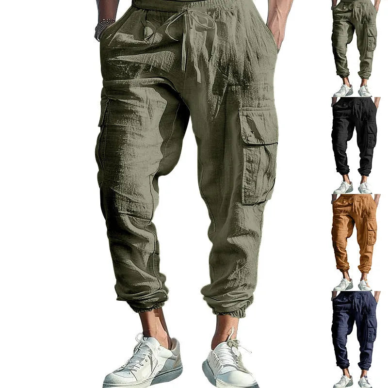 Men's loose-fit linen casual trousers with ankle-tied cuffs and multiple pockets in a solid colour.