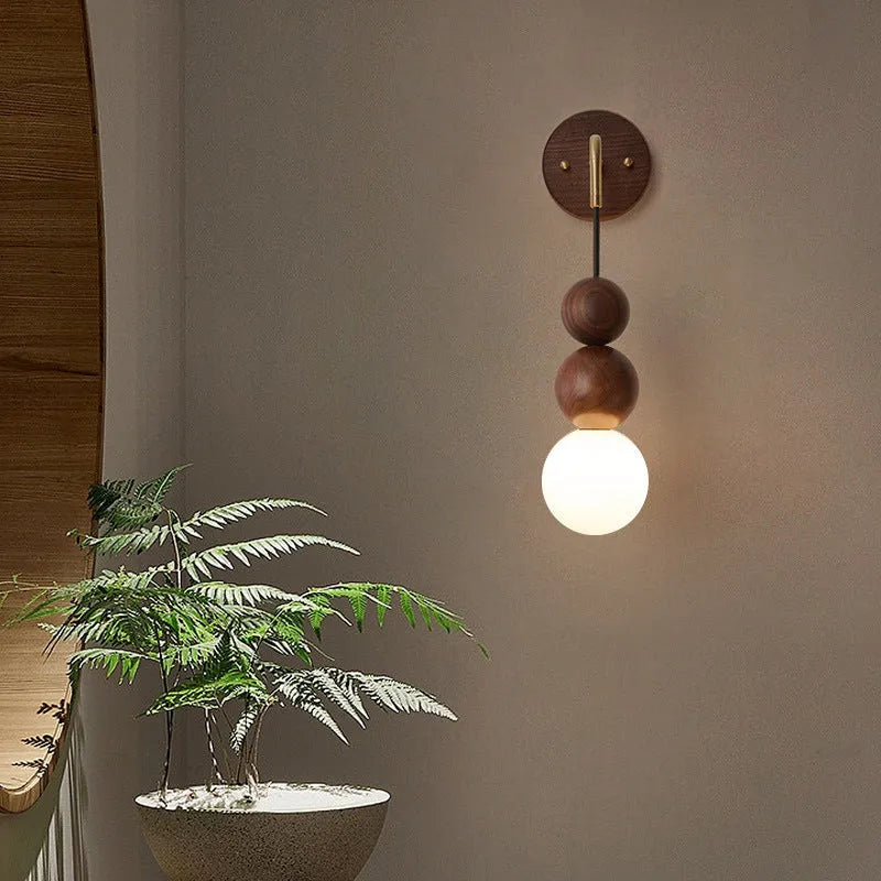 Wood copper wall lamp with walnut finish and tricolour LED lighting, 10cm diameter