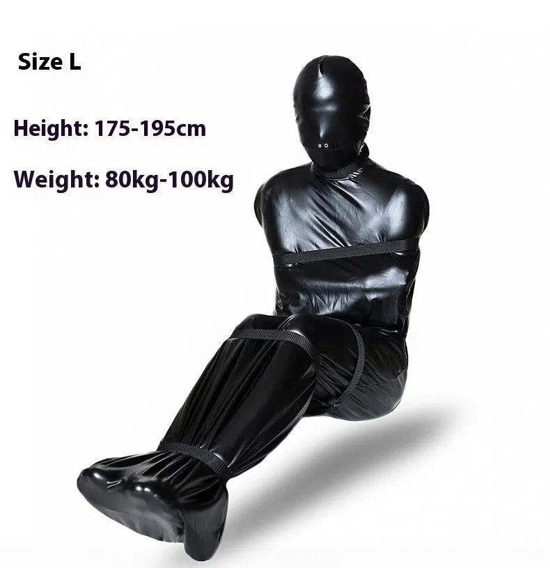Black patent leather bondage set with full body outfit and six ratchet tie-down straps