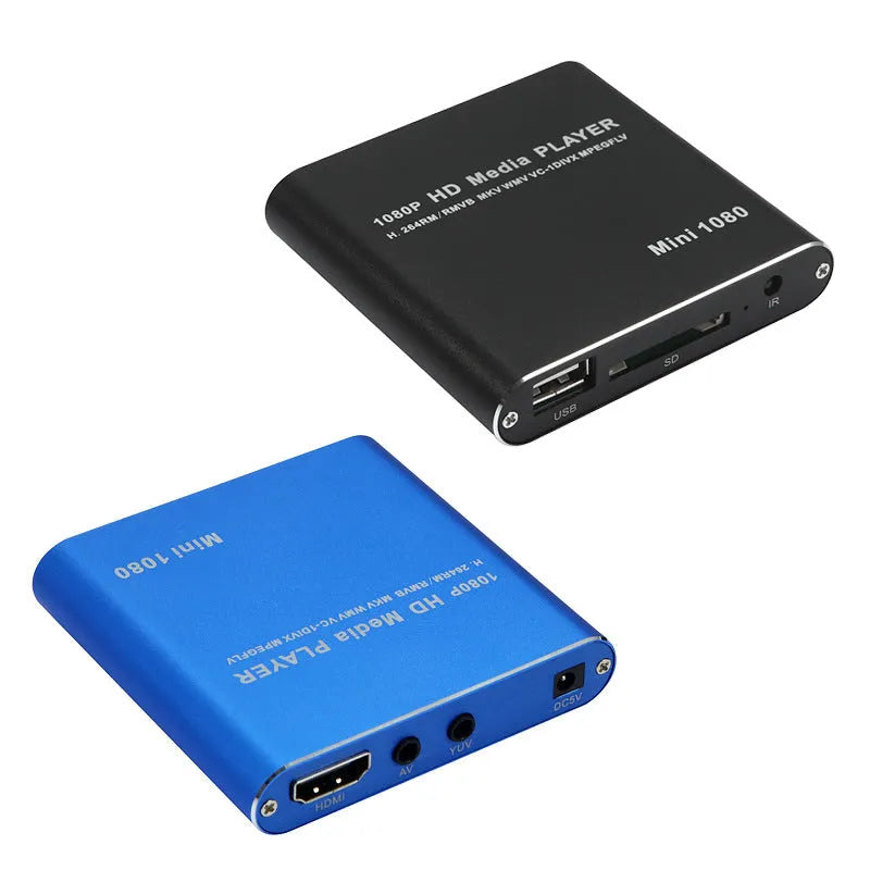 Blue and black 1080P Full HD media player with compact metal housing
