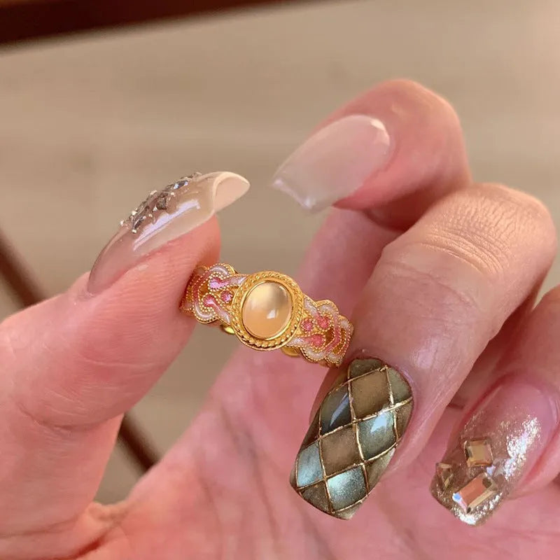 Pink crystal enamel geometric open ring for women on gold plated copper band