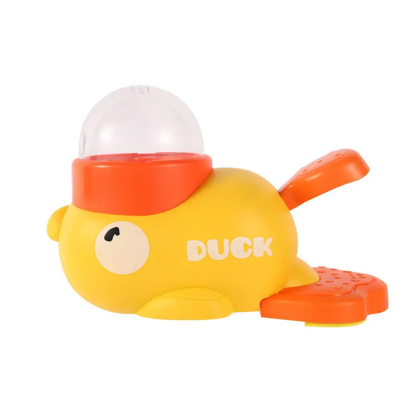 Yellow plastic dog puzzle feeder with cartoon duck design, battery-free interactive treat dispenser