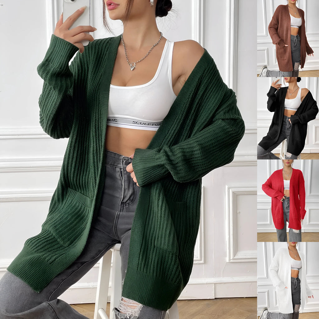 Women's dark green acrylic cardigan sweater with double pockets and long sleeves