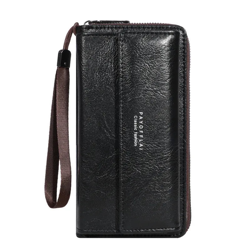 Men's black PU wallet with multiple card slots showing casual long 19cm design