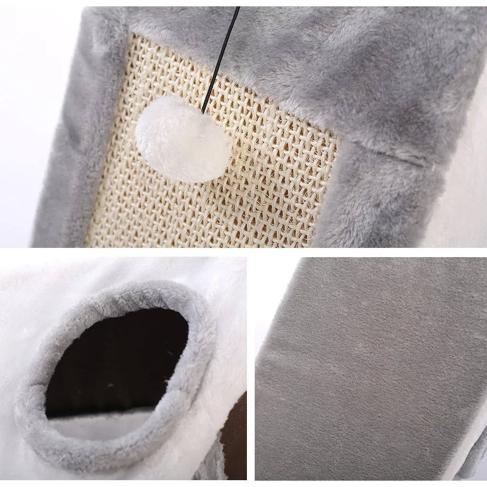Grey and white triangular cat nest bed with a sisal scratching side for cats.
