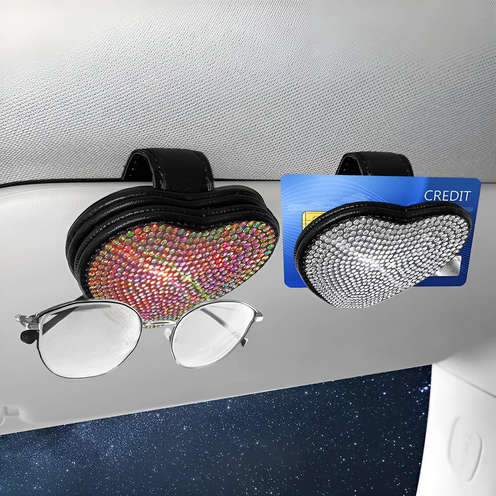 Car sun visor glasses clip with magnetic closure and diamond design in PU leather