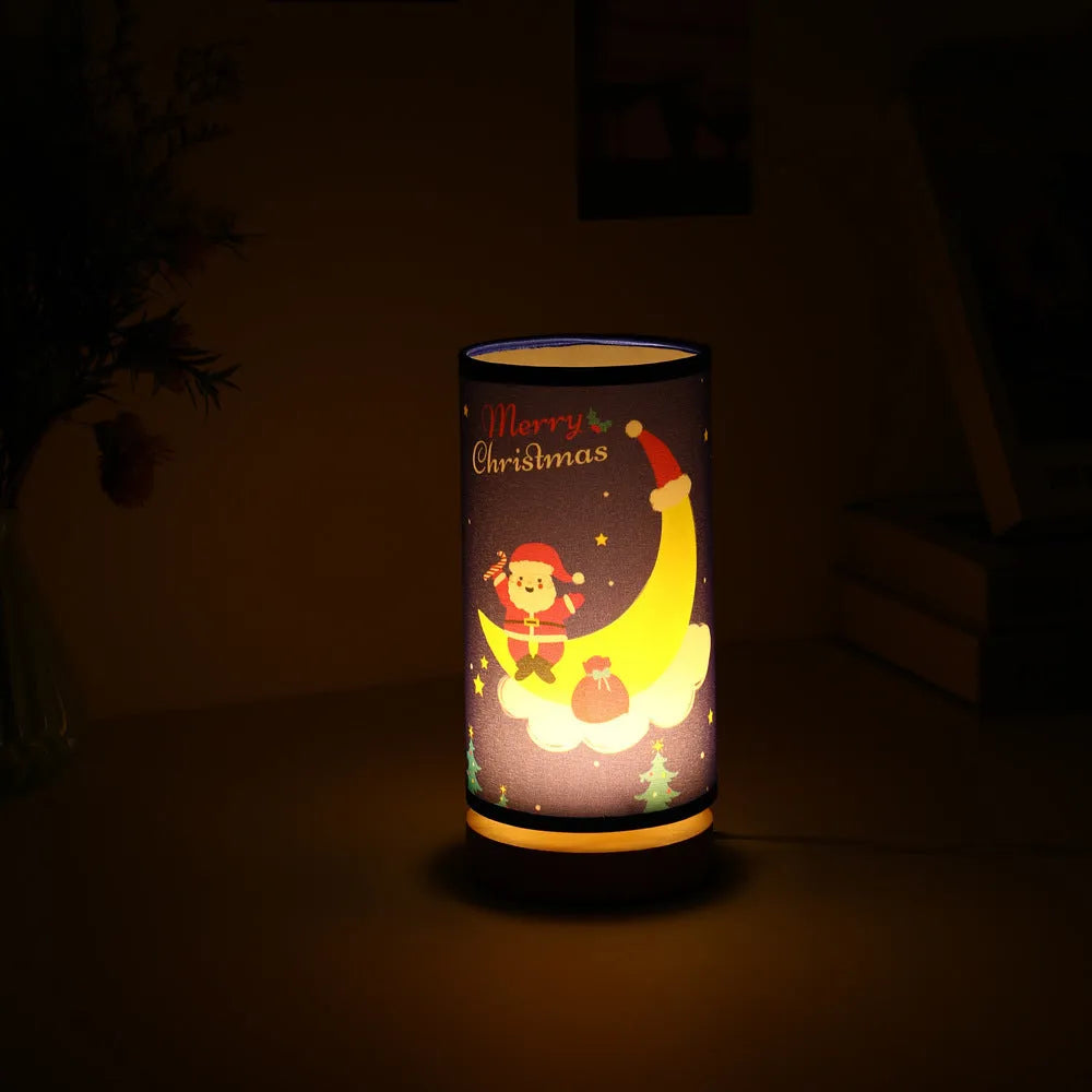 Moon Santa Claus figure LED night light with USB plug cable and bamboo lamp holder.