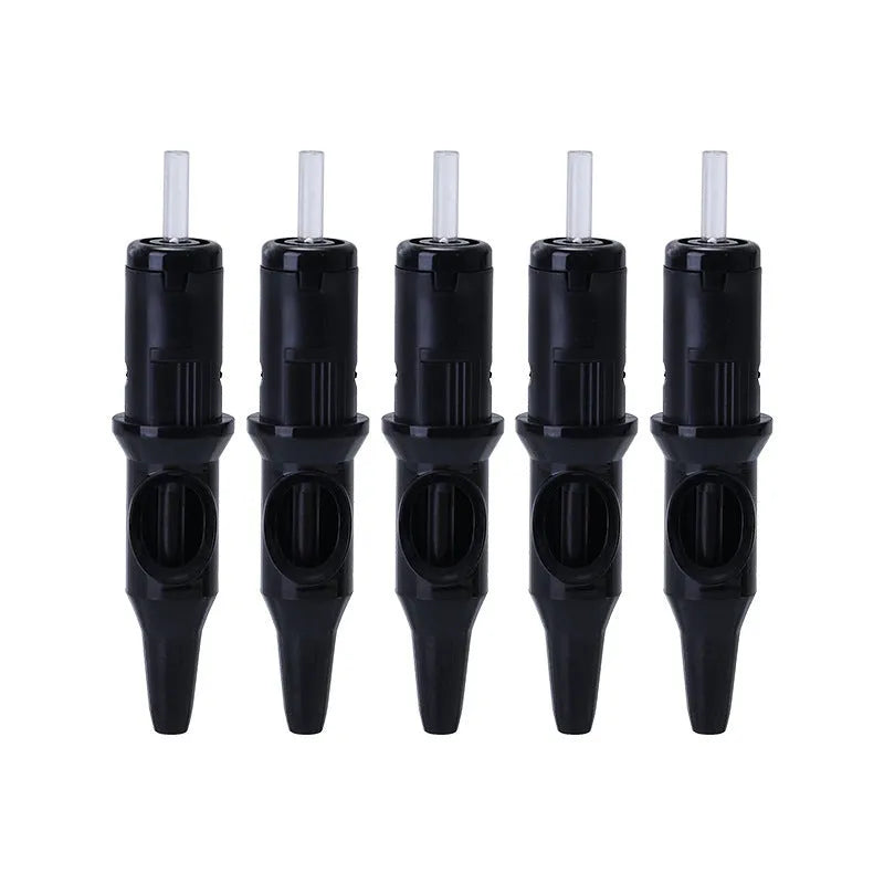 Tattoo ballpoint pen tool with integrated needle in assorted colours on a white background.