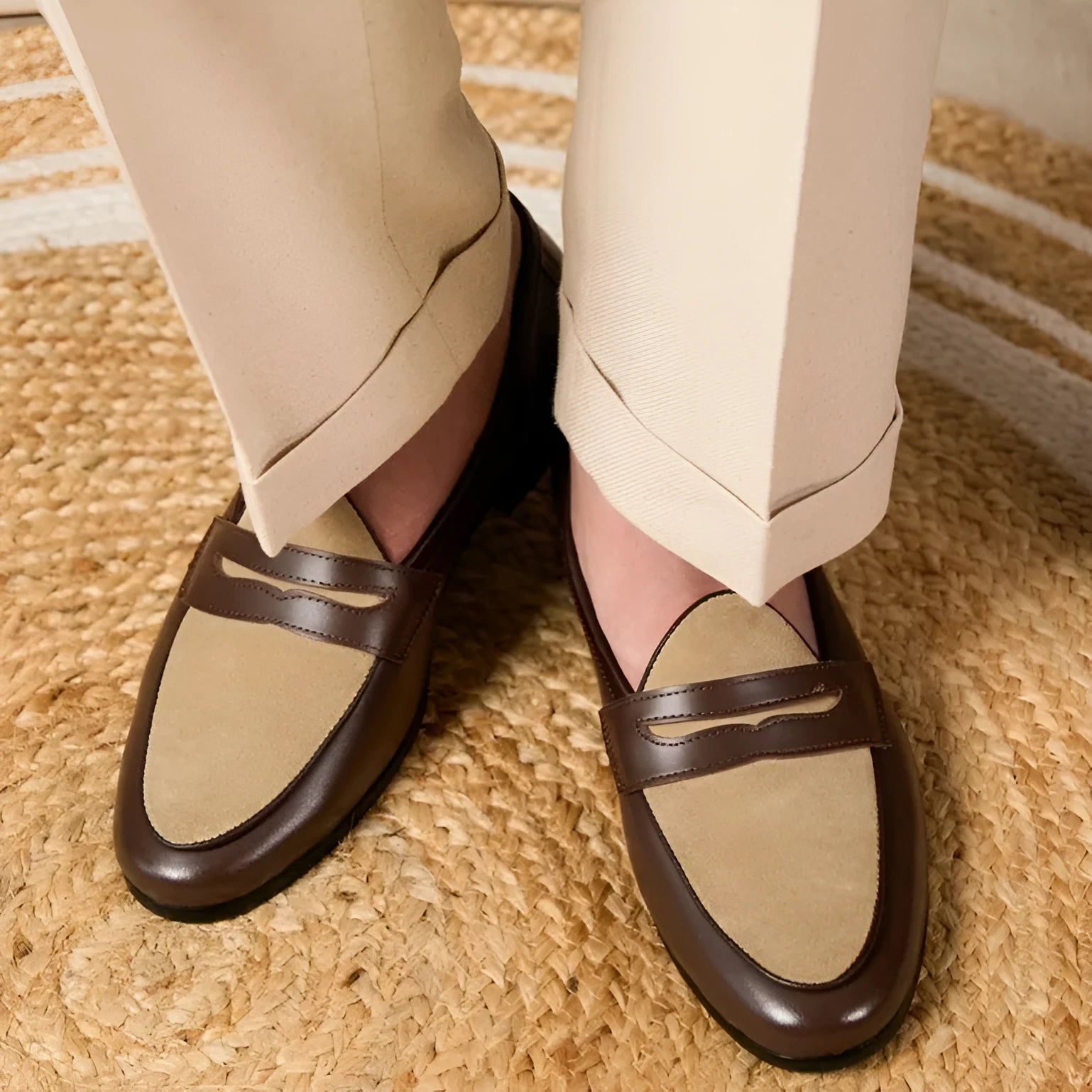 Coffee grey suede Belgium loafers for men with a slip-on design and rubber sole.
