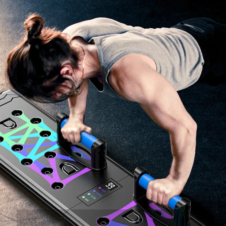 Intelligent multifunctional push-up board in black with TPE grips, 87cm platform for chest and abdominal training