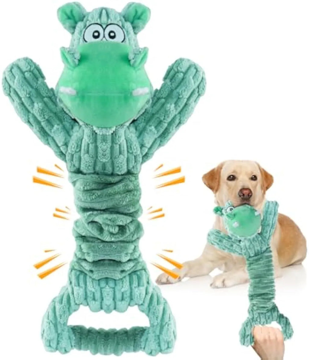 Large squeaky plush dog toy with a handle, showing hippo and monkey design options.