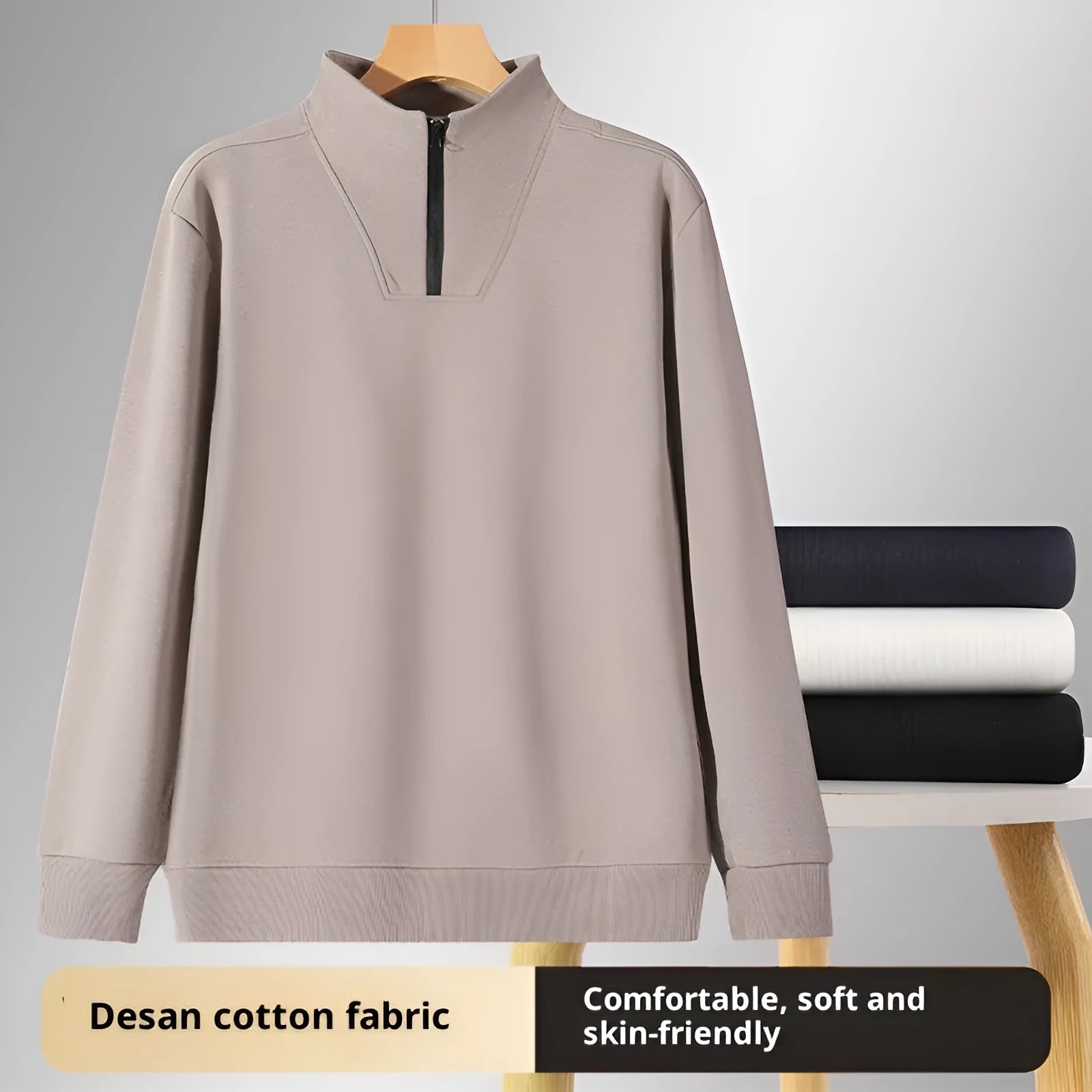 Solid colour polyester stand collar zip-up sweatshirt for men in iron gray, loose fit pullover style