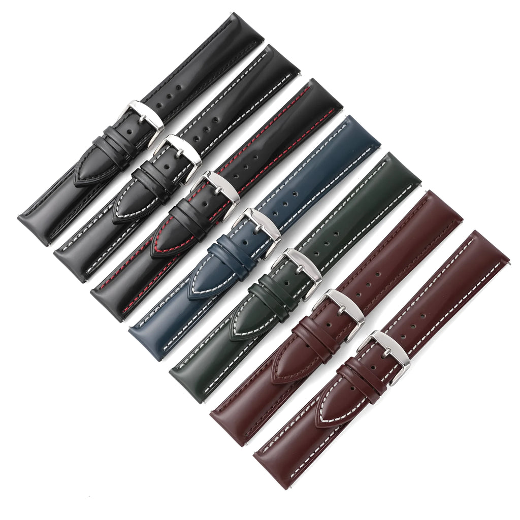 Quick-release leather watch strap in bright cowhide, shown in multiple colour and width options.