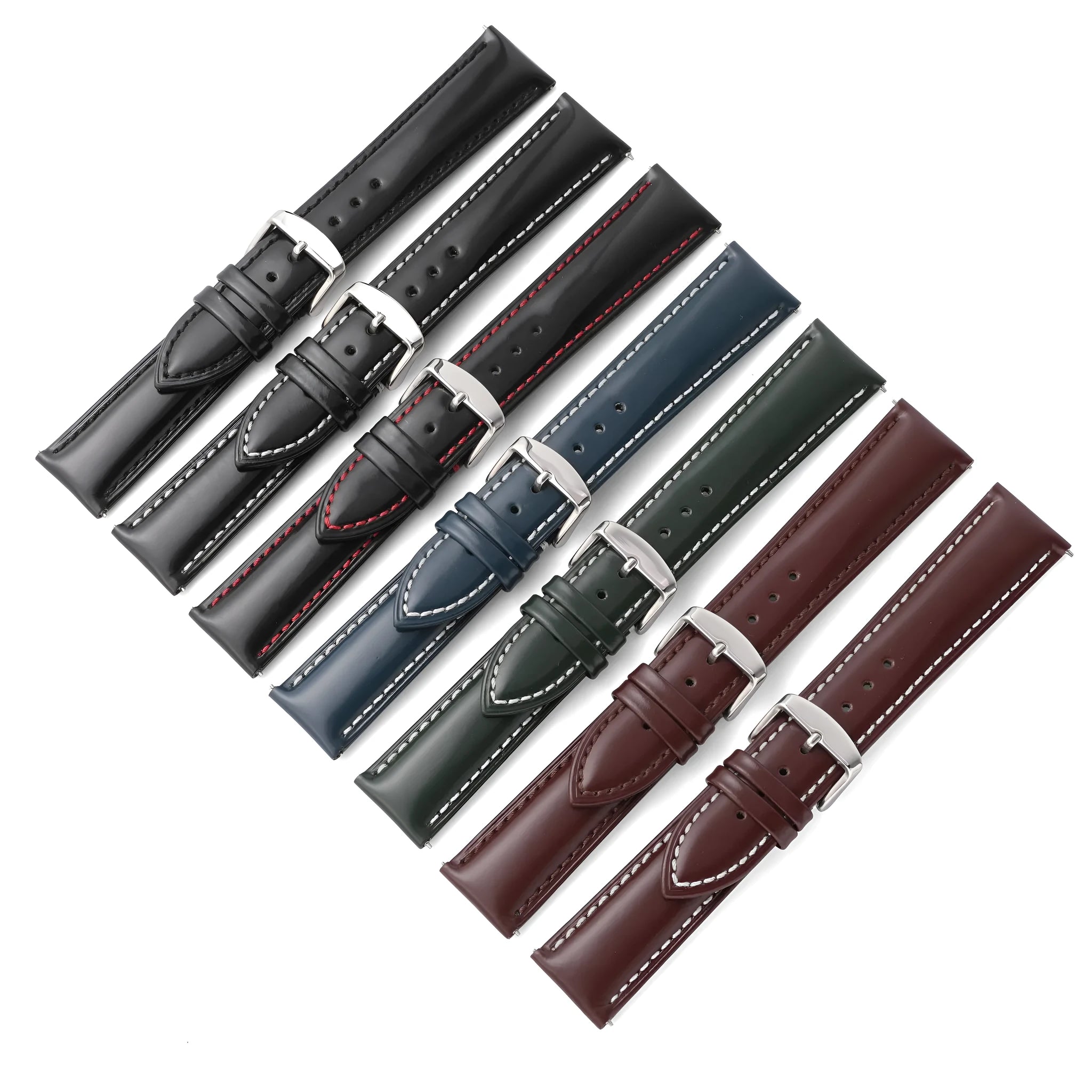 Quick-release leather watch strap in bright cowhide, shown in multiple colour and width options.