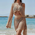 Khaki two-piece women's suit with bell sleeves and hollow-out pattern for vacation sun protection