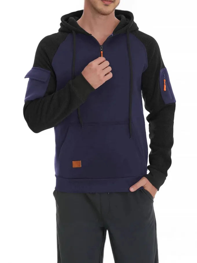 Men's pullover hoodie with front zipper in khaki showing hood and long sleeves