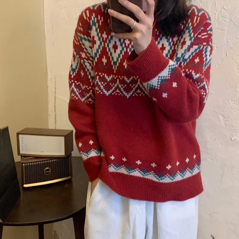 White and red striped loose fit retro knitted pullover top with long sleeves