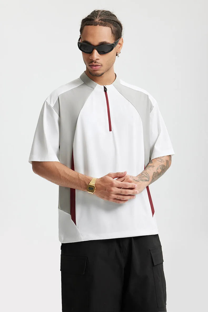 Men's solid colour lightweight polyester top with stitching detail, shown in black and beige with both sleeve length options.
