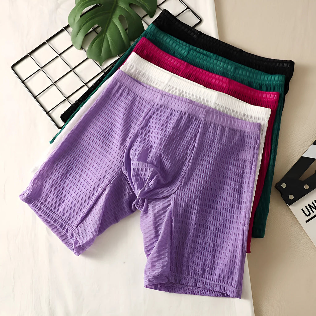 Men's lace boxer shorts with lengthened hip lifting design in solid colours