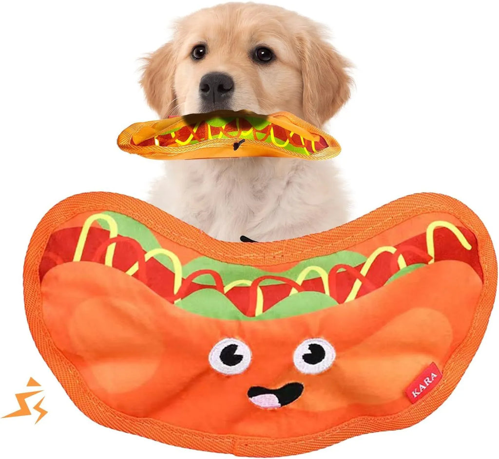 Food-themed crinkle squeaky dog toys in burger, fries, hot dog, and pizza designs for interactive play