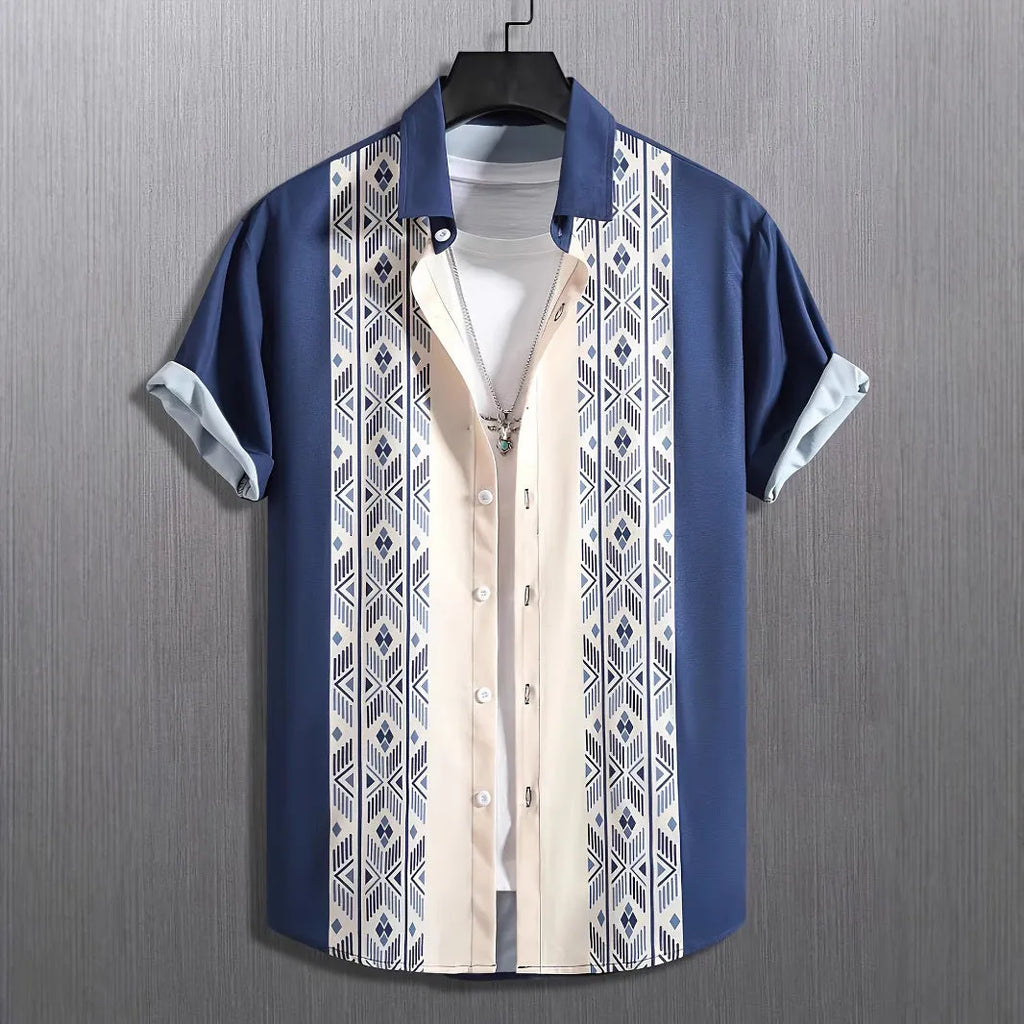 Man wearing a loose-fit short sleeve plaid shirt with lapel collar in contrasting colours.