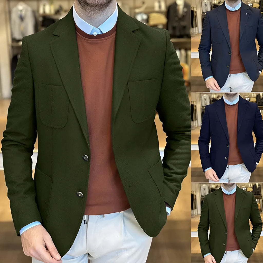 Men's loose-fit cotton casual suit jacket in army green colour on a hanger