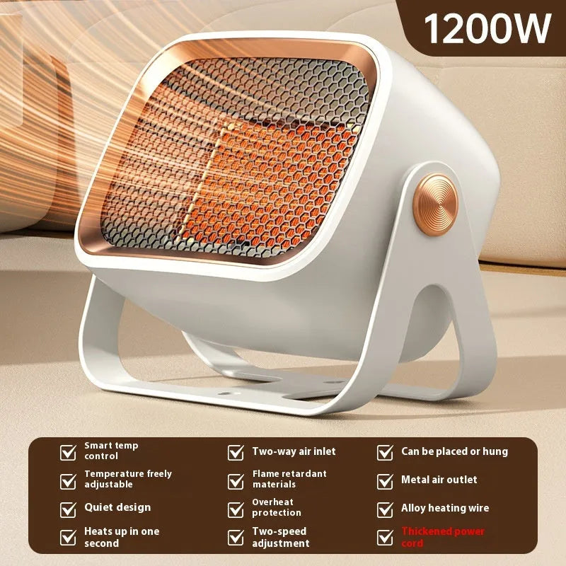 Compact grey desktop heater with ceramic heating technology and rotatable design