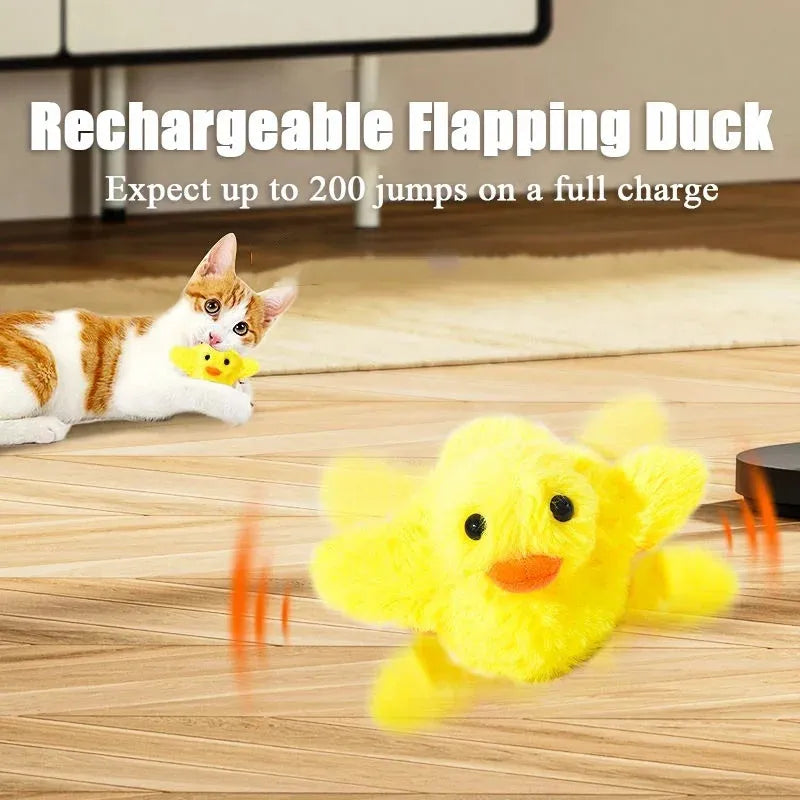 Yellow flapping duck interactive cat plush toy with USB charging cable on a neutral background.