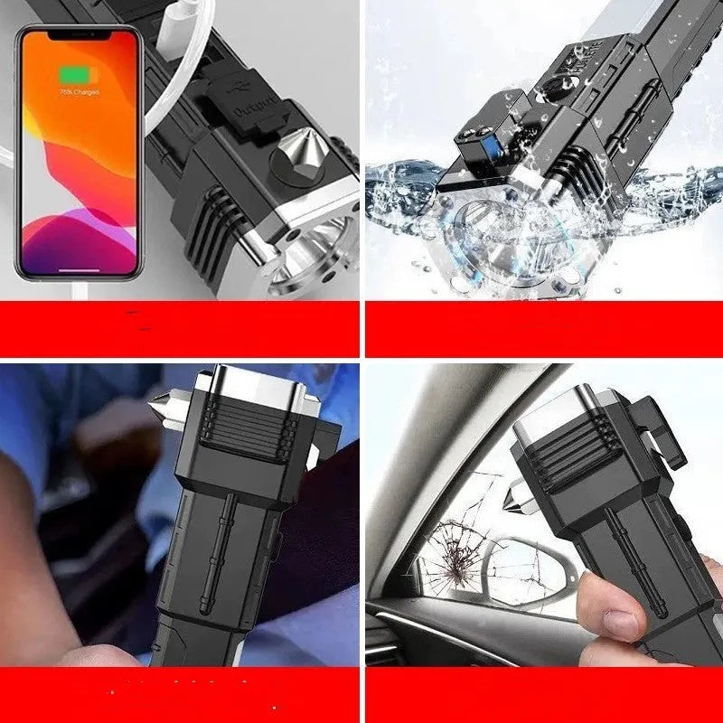 Silver portable LED power bank flashlight with plastic shell, shown as an emergency and camping light.