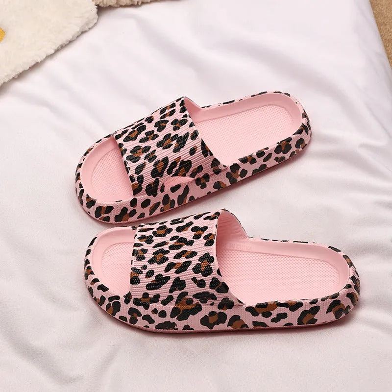 Women's leopard print EVA slippers with thick sole showing multiple colour pattern options