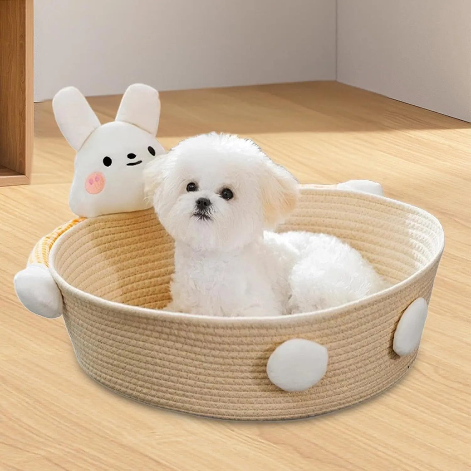Woven cotton rope cat bed with scratching board in basket design