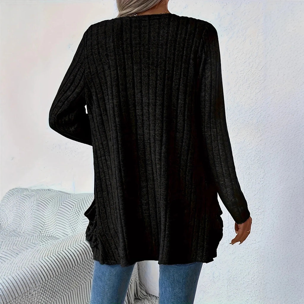 Loose fit solid colour long sleeve cardigan in granny grey with pocket styling and regular sleeves