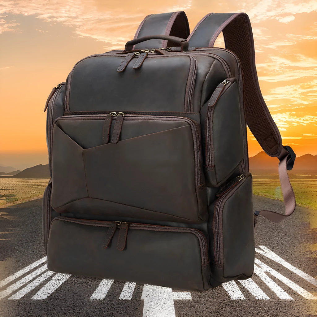 Dark brown retro genuine leather backpack for men with a 17-inch laptop compartment.