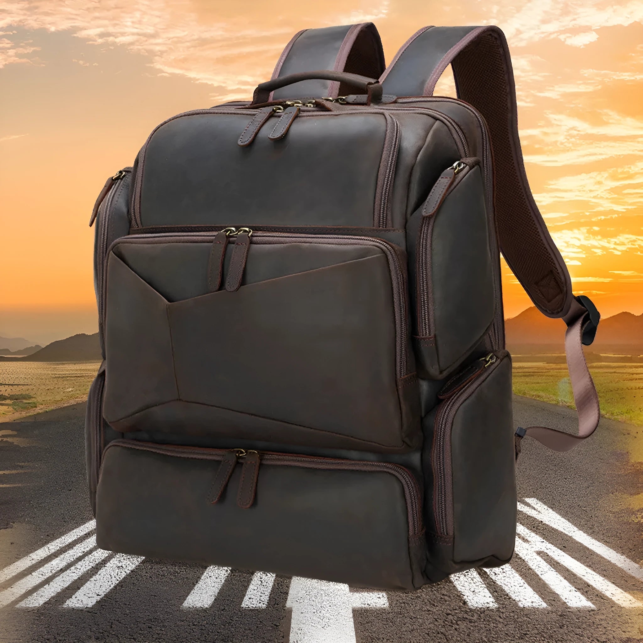 Dark brown retro genuine leather backpack for men with a 17-inch laptop compartment.
