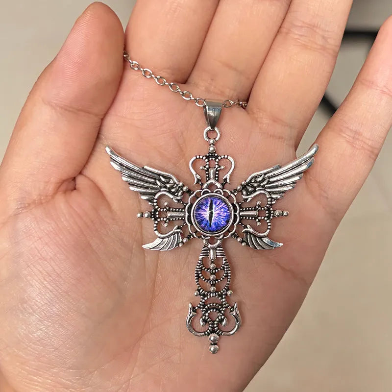 Alloy devil wings and cross geometric pendant necklace in five colour options.