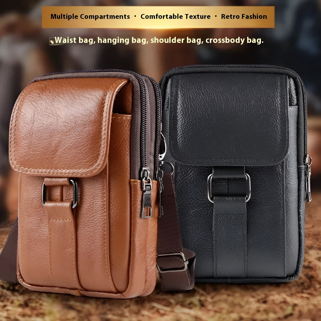 Men's black composite cowhide leather crossbody waist bag with lock fastening