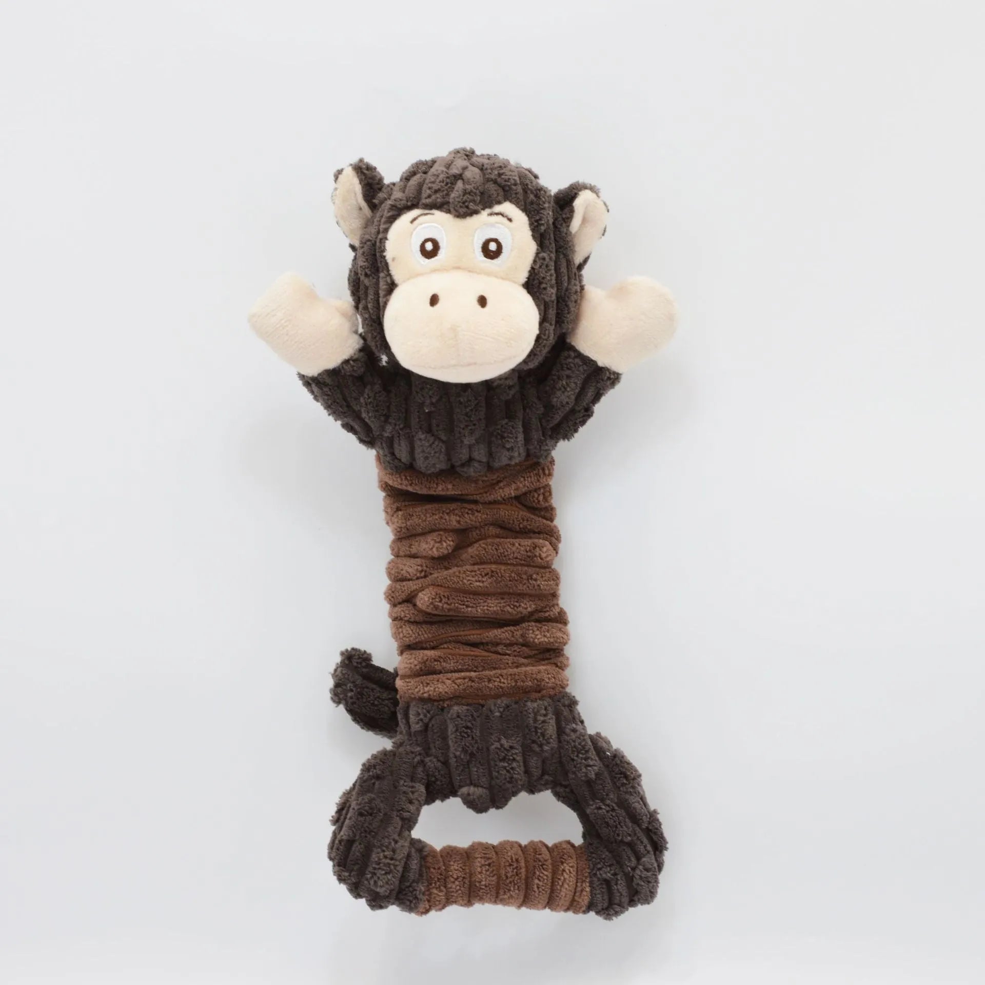 Large squeaky plush dog toy with a handle, showing hippo and monkey design options.