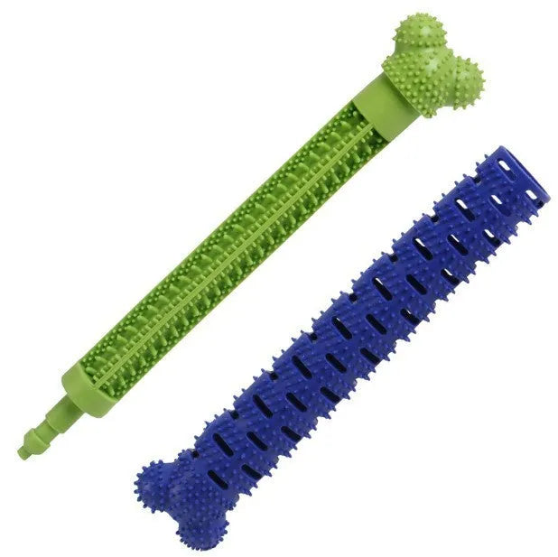 Blue silicone dog dental chew toy with serrated brush head and crevice for toothpaste insertion