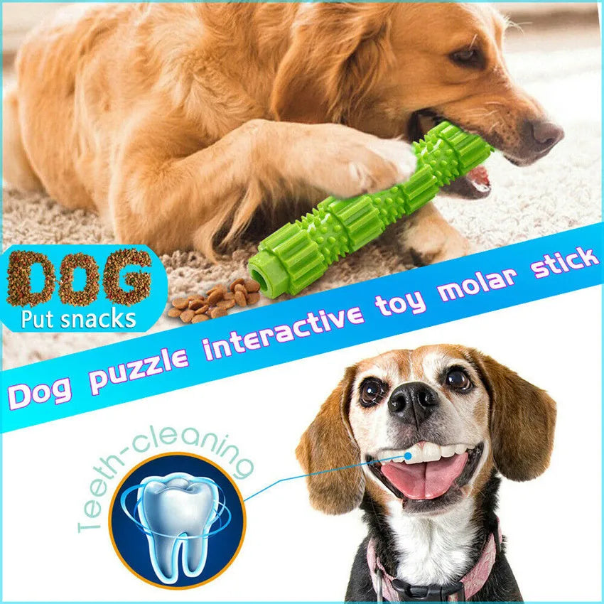 Green durable rubber dog chew toy with treat dispenser hole and textured surface.