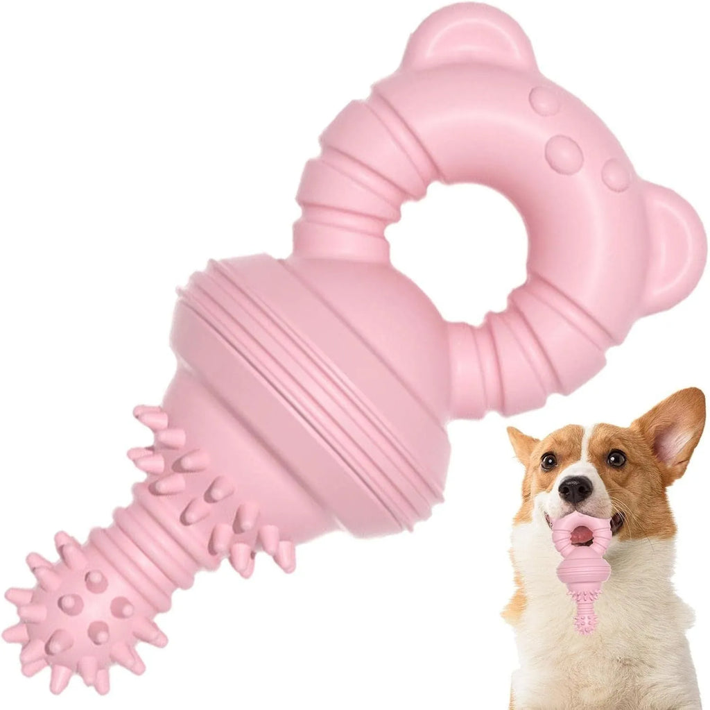 Blue rubber dog chew toy with textured surface and bell inside for teeth cleaning and play