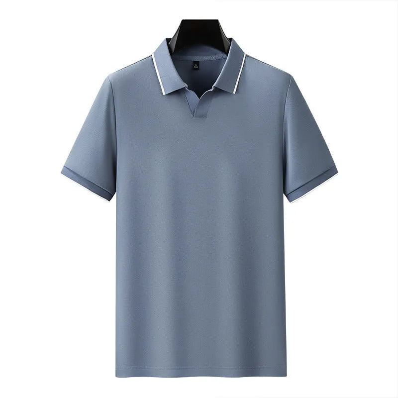 Mercerised pearl cotton short sleeve polo shirt with a lapel collar in a solid colour.