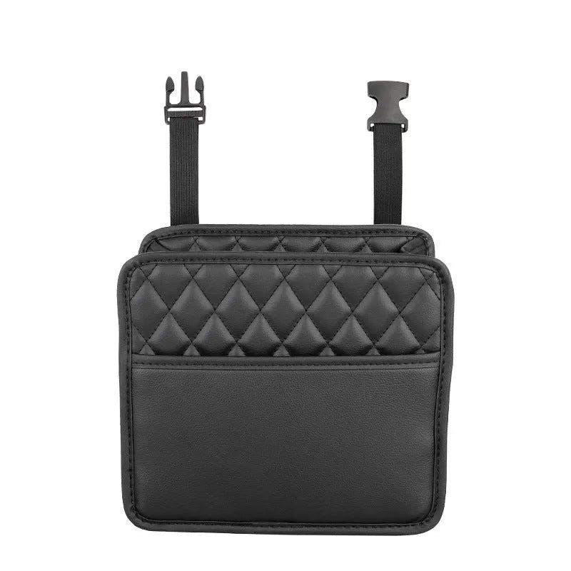 Black leather hanging car storage bag mounted on car headrest showing 25cm dimensions