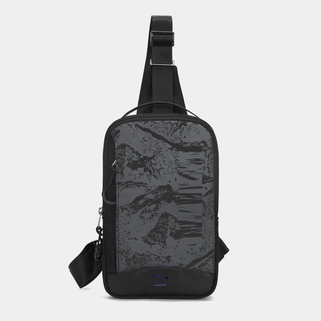 Casual black waterproof chest bag with camouflage pattern, single shoulder strap and soft handle