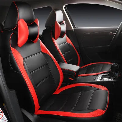 Cow leather car seat cover in black with red line binding style