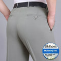 Men's straight leg business trousers in mulberry silk blend fabric with high waist design