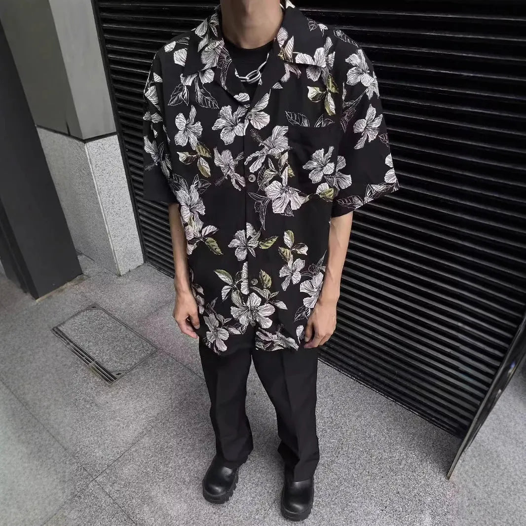 Black men's vintage Cuban collar shirt with floral print, made from thin ice silk fabric for summer.