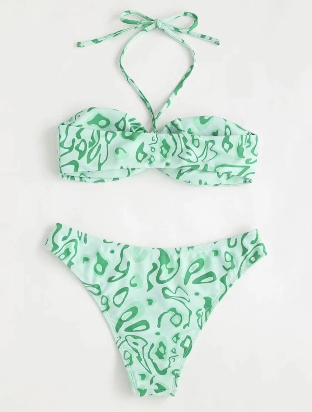 Blue floral bandeau bikini with split design and matching briefs
