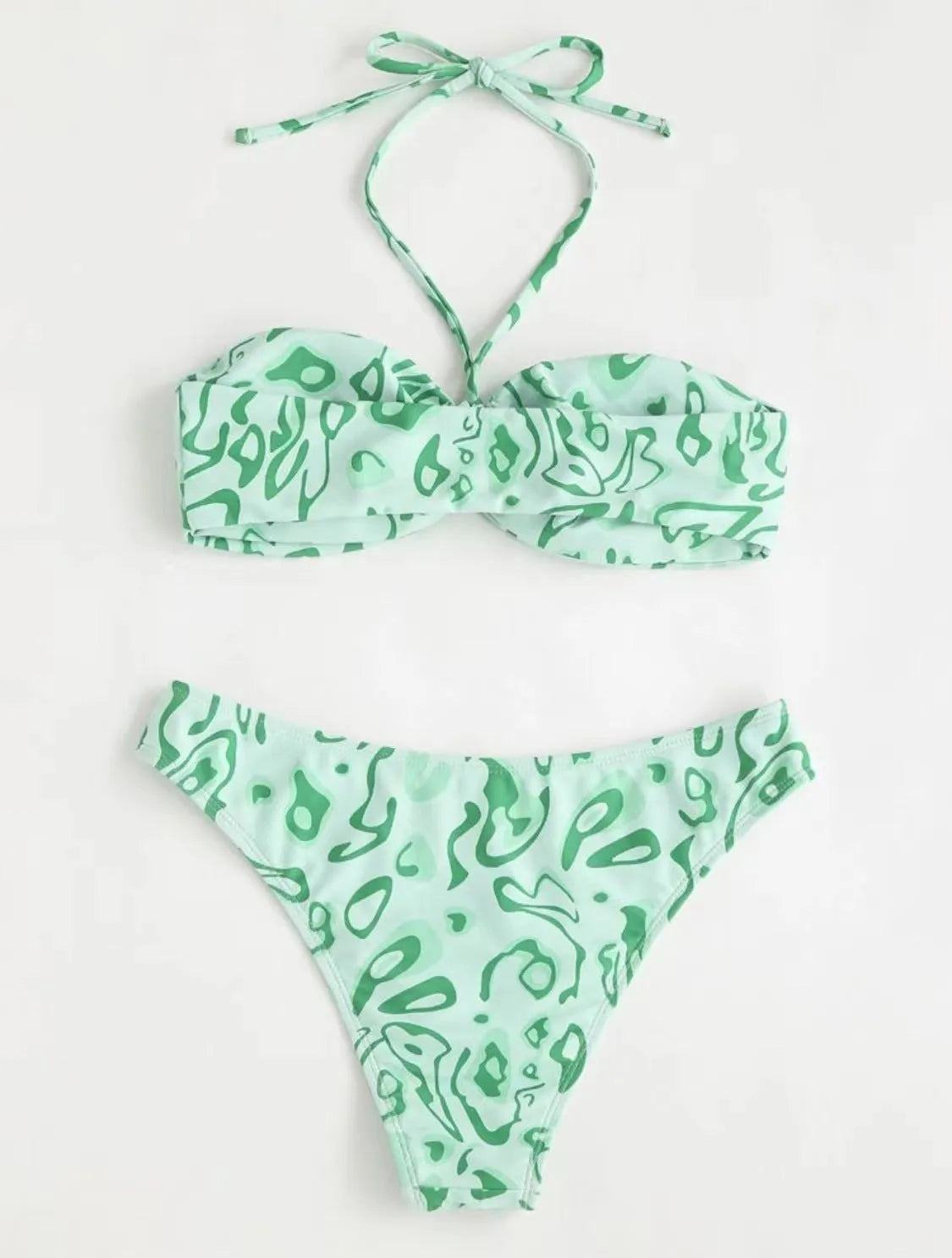 Blue floral bandeau bikini with split design and matching briefs