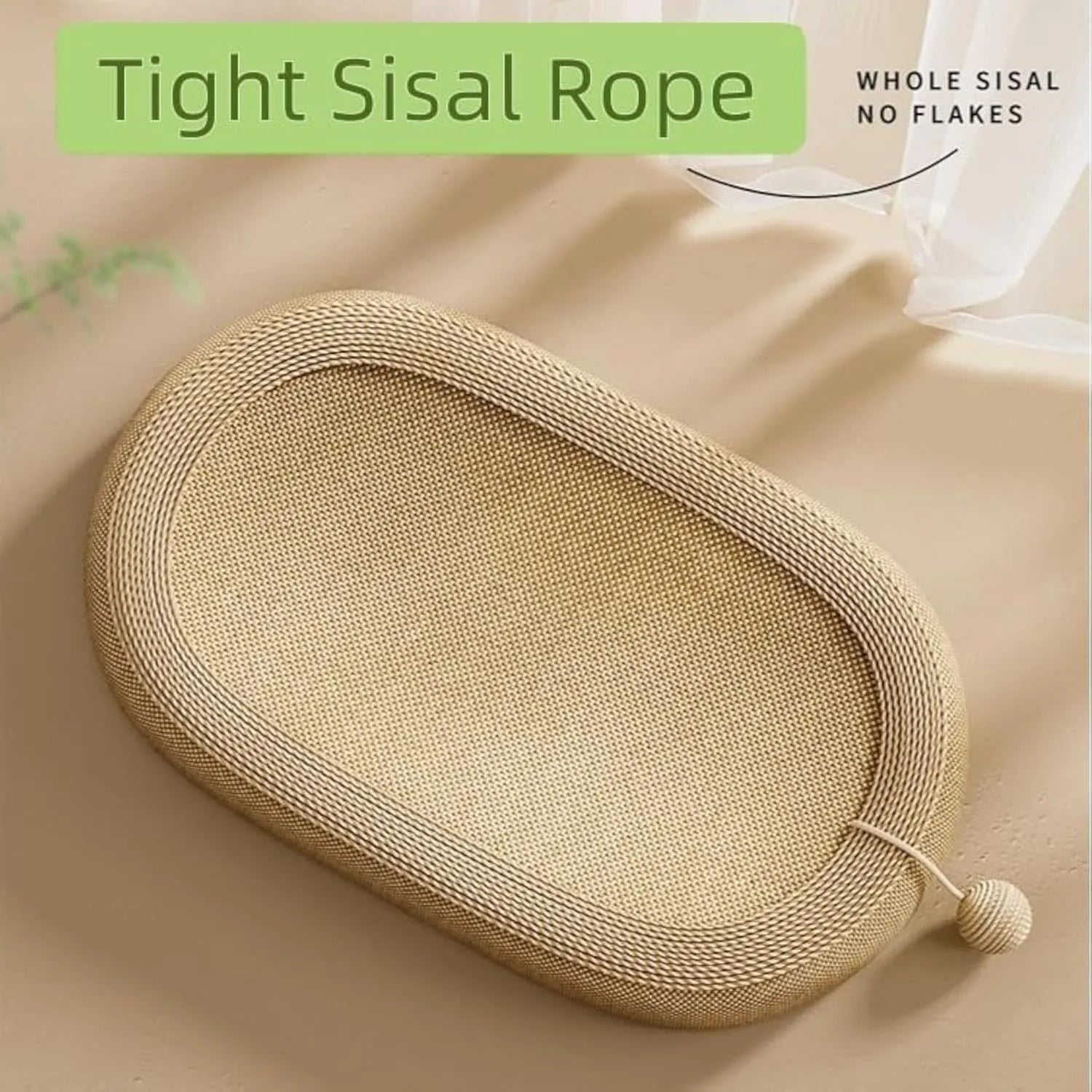 Large rectangular sisal cat scratching board with a flat lounging platform on top, shown in a domestic setting.